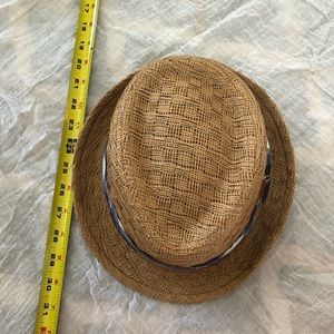 Woven paper fedora paid blue ribbon trim